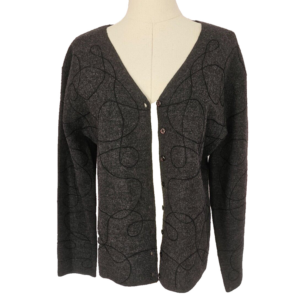 Sarah Spencer‎ Cardigan Sweater 100% Wool Embroidered Design Dark Gray Medium